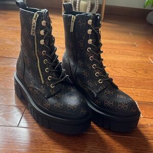 GUESS Monogram Black and Brown Combat Boots